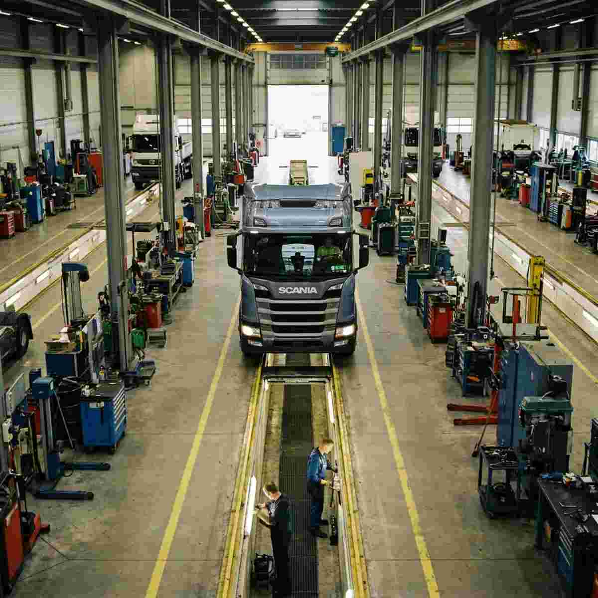 Schwerer Lkw fährt über eine Durchfahrgrube in einer großen Fahrzeugwerkstatt.