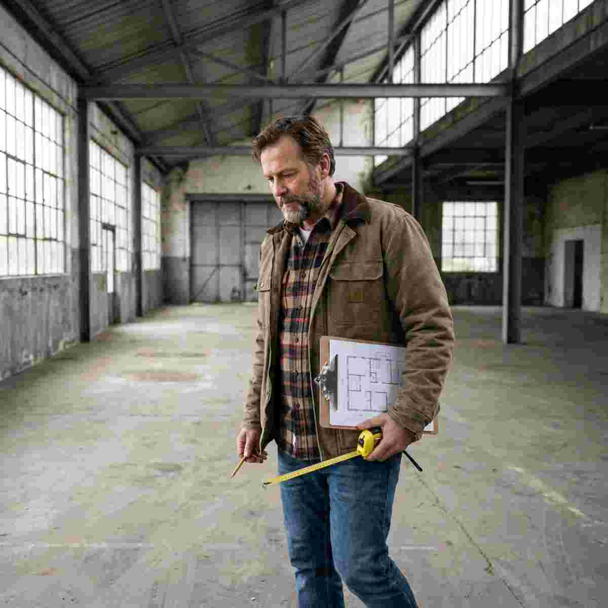 Werkstattbesitzer prüft mit Plan und Maßband eine leere Halle für den Einbau einer Grube.