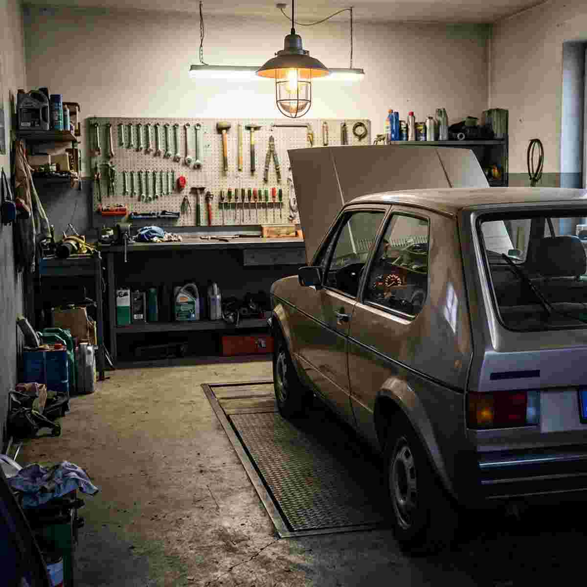 Private Garage mit Kleinwagen über einer Reparaturgrube und Werkzeugen an der Wand.