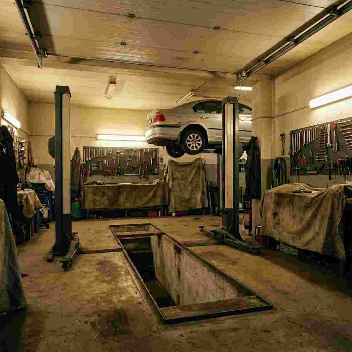 Fotorealistische Werkstatt mit Autolift über offenem Bodenschacht, ordentliche Werkzeuge.