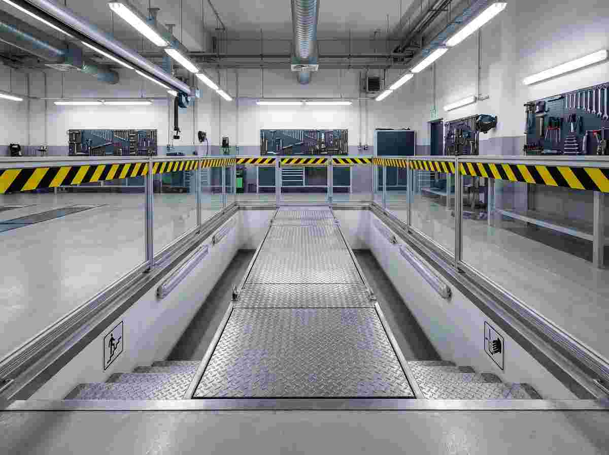 Fotorealistische Autowerkstatt mit sicherer Grube, Deckel, Gelb-Schwarz Randmarkierungen, Treppen