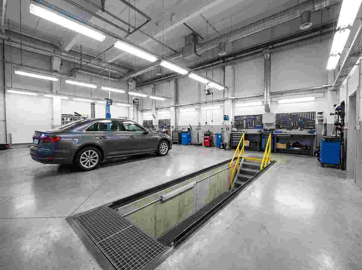 Fahrzeug über offener Inspektionsgrube in heller Autowerkstatt, Sicherheitsstufen am Ende, Betonboden.