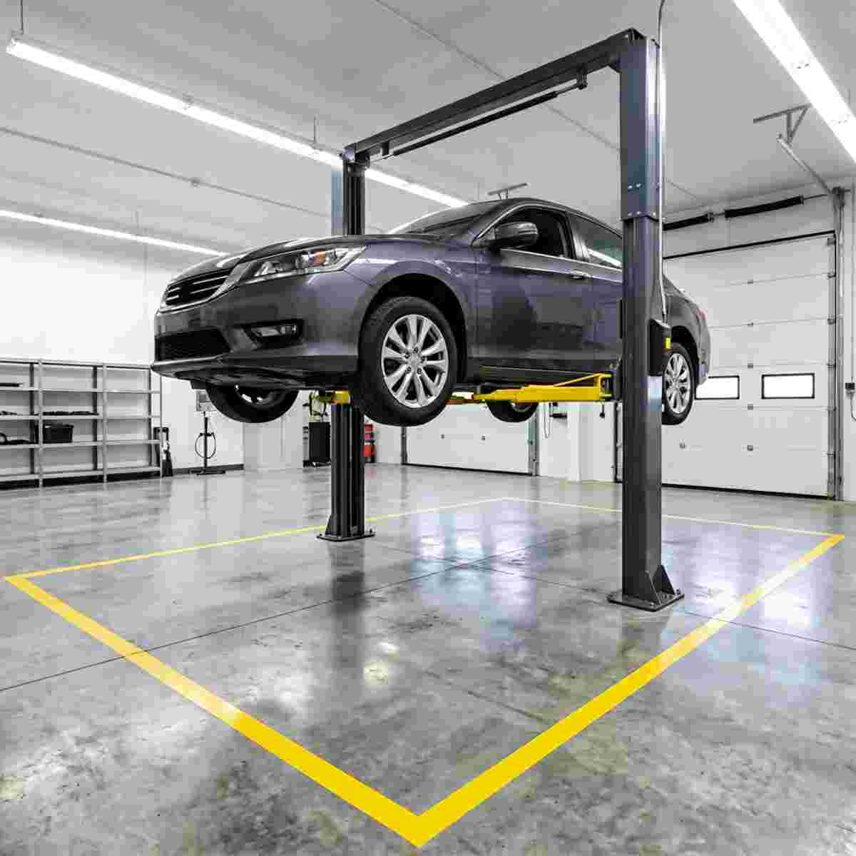 Auto auf Hydrauliklift in sauberer Werkstatt, arretiert, klare Sicherheitszonen.
