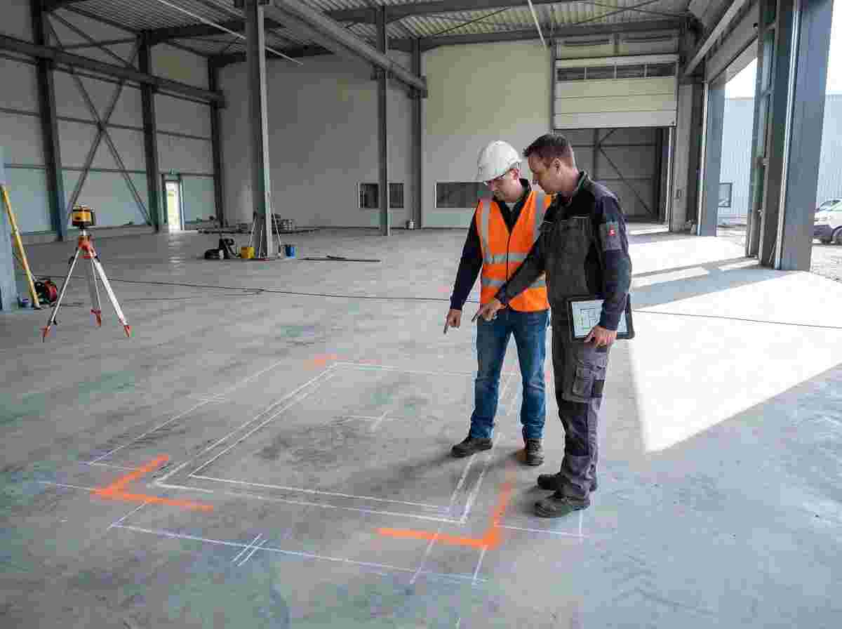 Berater und Werkstattinhaber zeigen auf eine markierte Fläche für eine Werkstattgrube.
