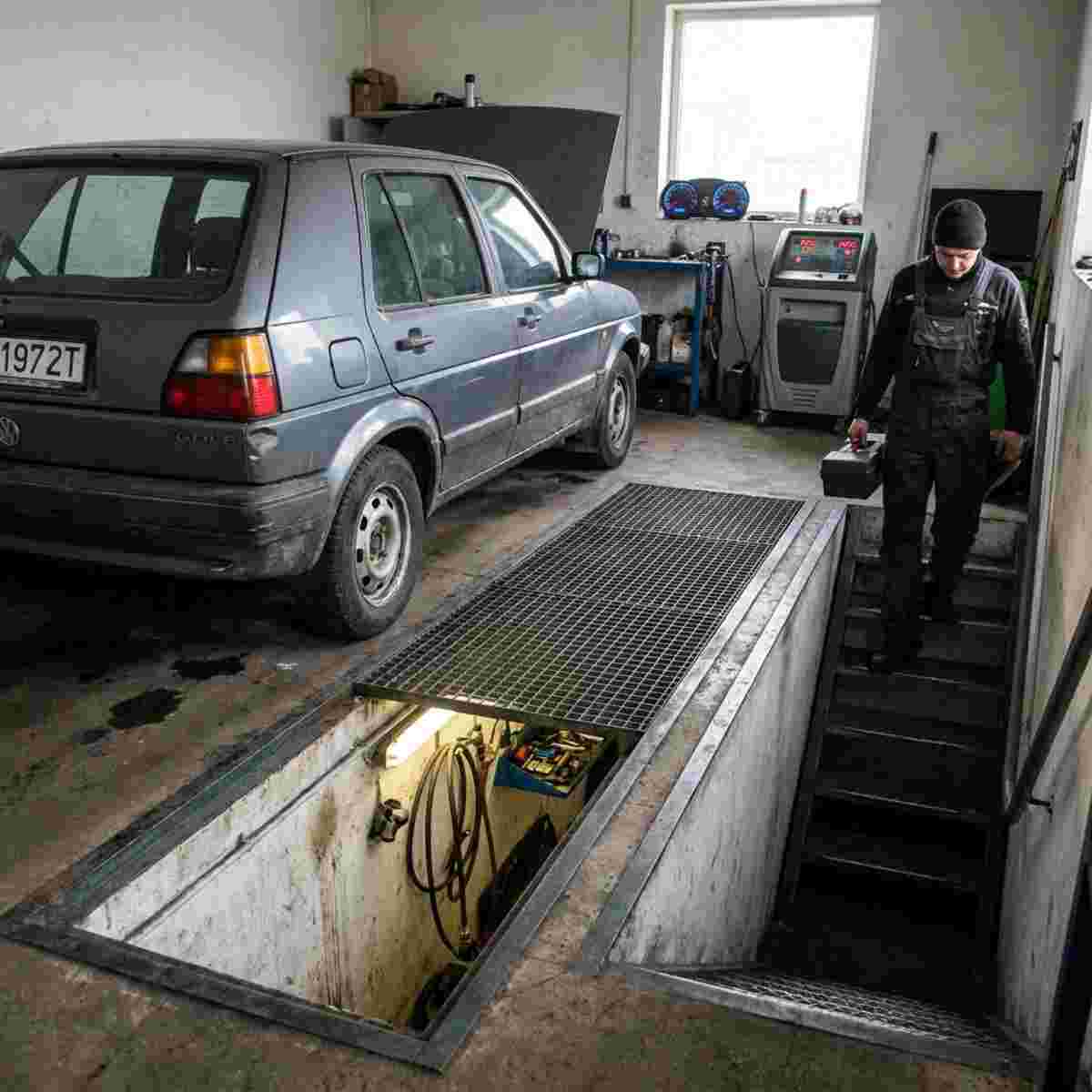 Kompaktwagen über einer Werkstattgrube, Mechaniker betritt die Garage über eine Treppe.