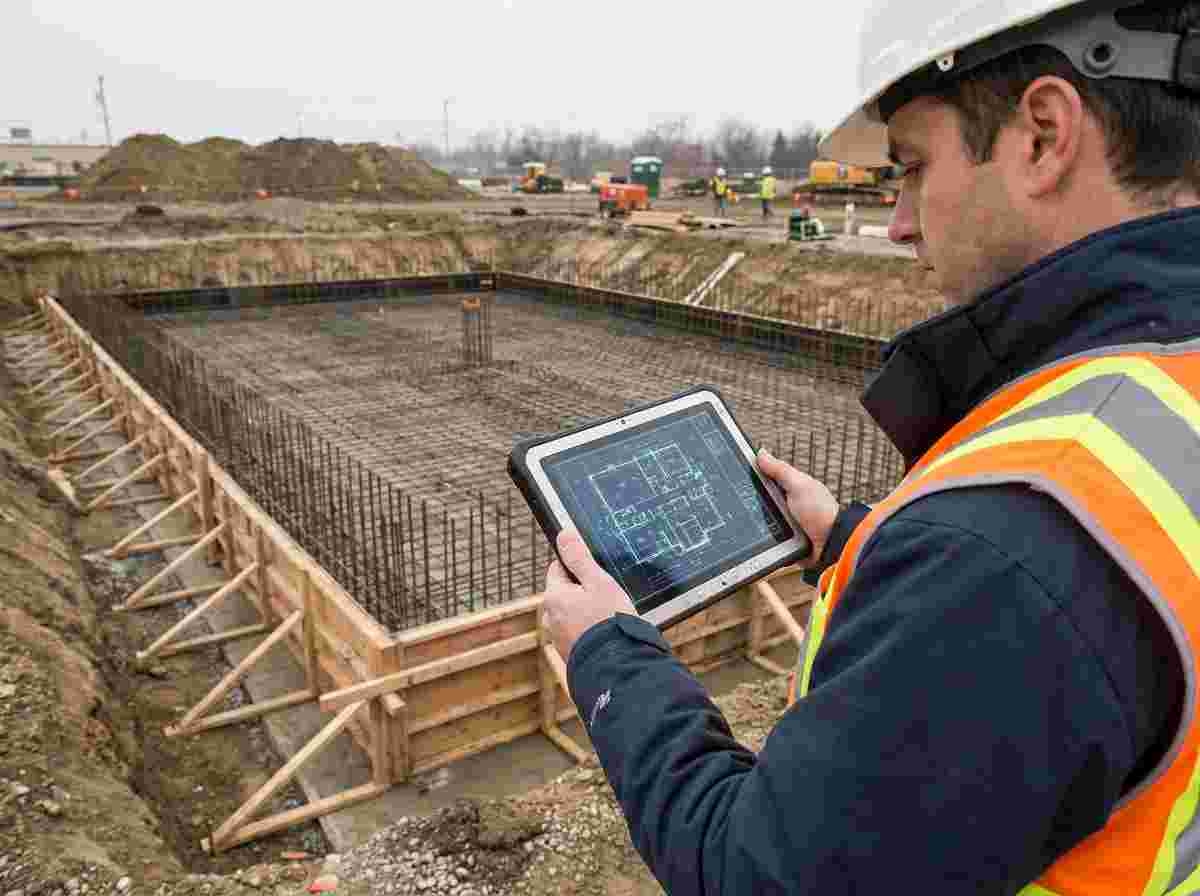 Ingenieur prüft auf einem Tablet den Bauplan neben einer vorbereiteten Baugrube.