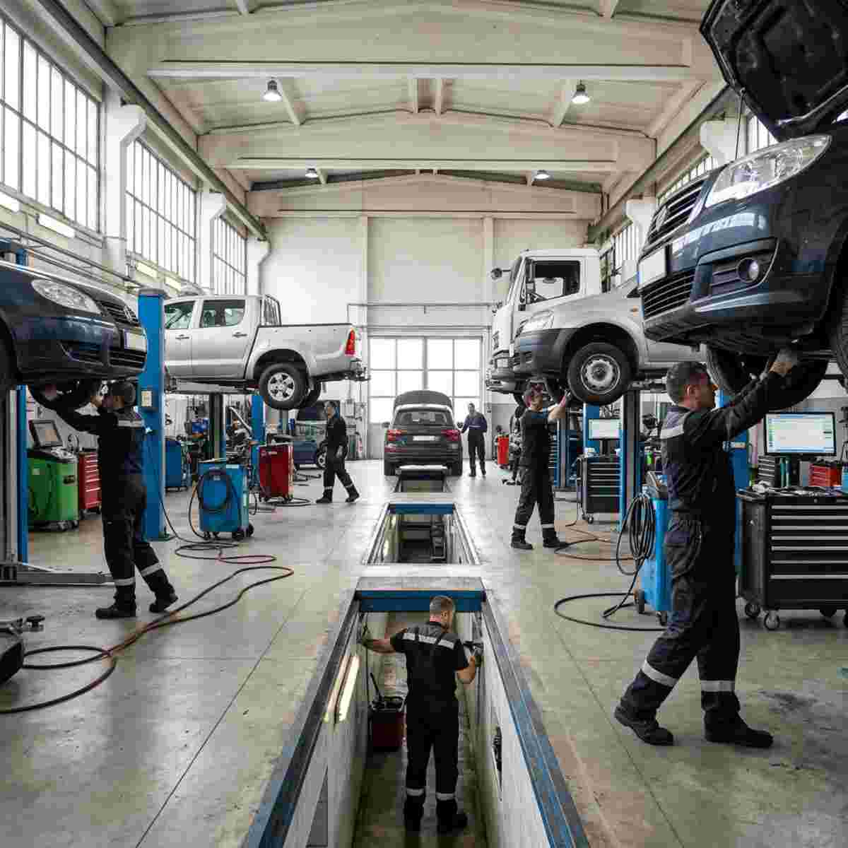 Werkstatthalle mit mehreren Fahrzeugen auf Hebebühnen und arbeitenden Mechanikern
