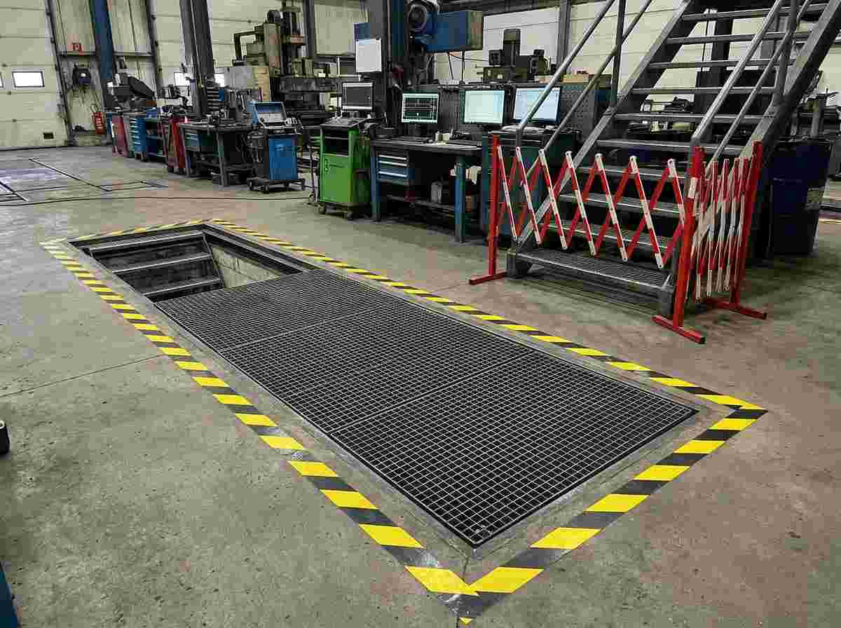 Werkstattgrube mit gelb-schwarzen Markierungen, Schutzabdeckung und Warnabsperrung