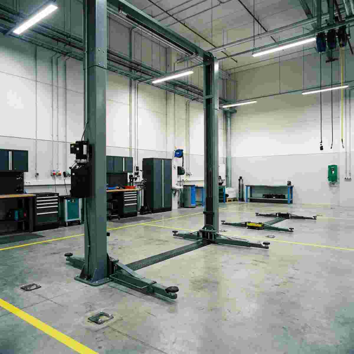 Moderne Autowerkstatt mit bodenmontiertem Hydrauliklift und ausgestreckten Armen, hohe Decke.