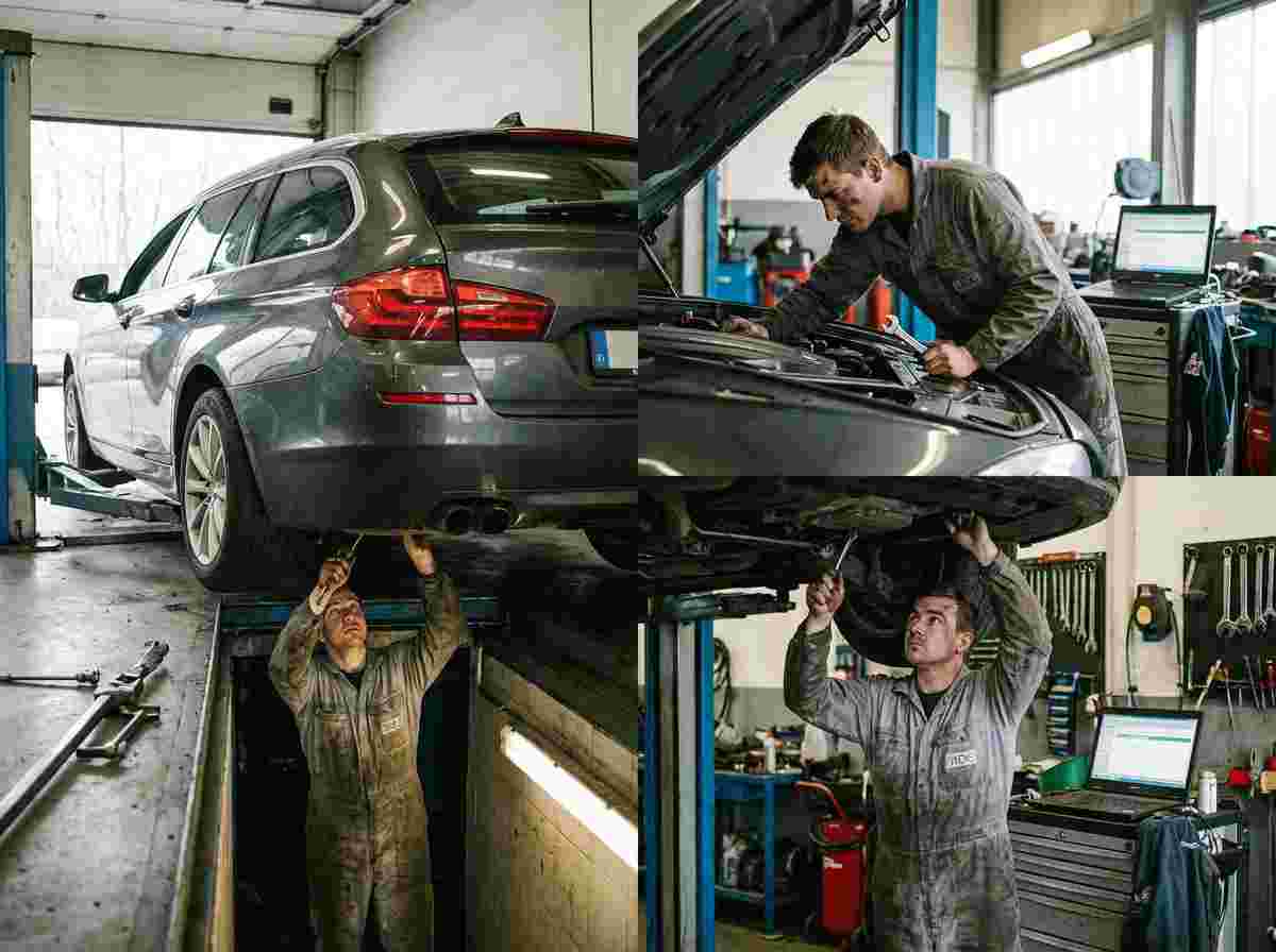 Zwei Mechaniker arbeiten gleichzeitig an Unterboden und offenem Motorraum eines Autos.