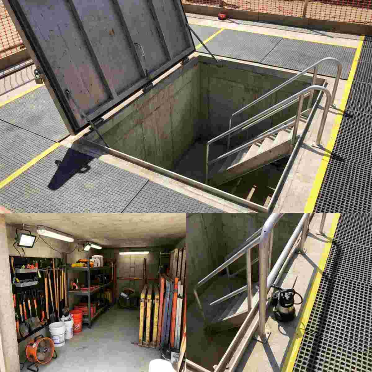 Aushubgrube mit Abdeckung, rutschfestem Boden, Treppen, blendfreiem Licht, trockene Wände.