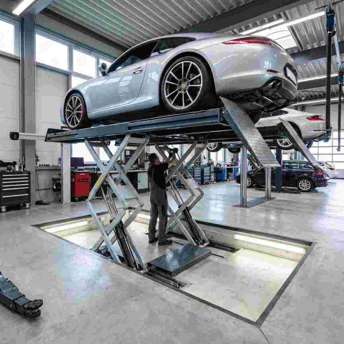 Fotorealistische Quadrataufnahme einer modernen Autowerkstatt mit Pit-Lift, Auto über Grube.
