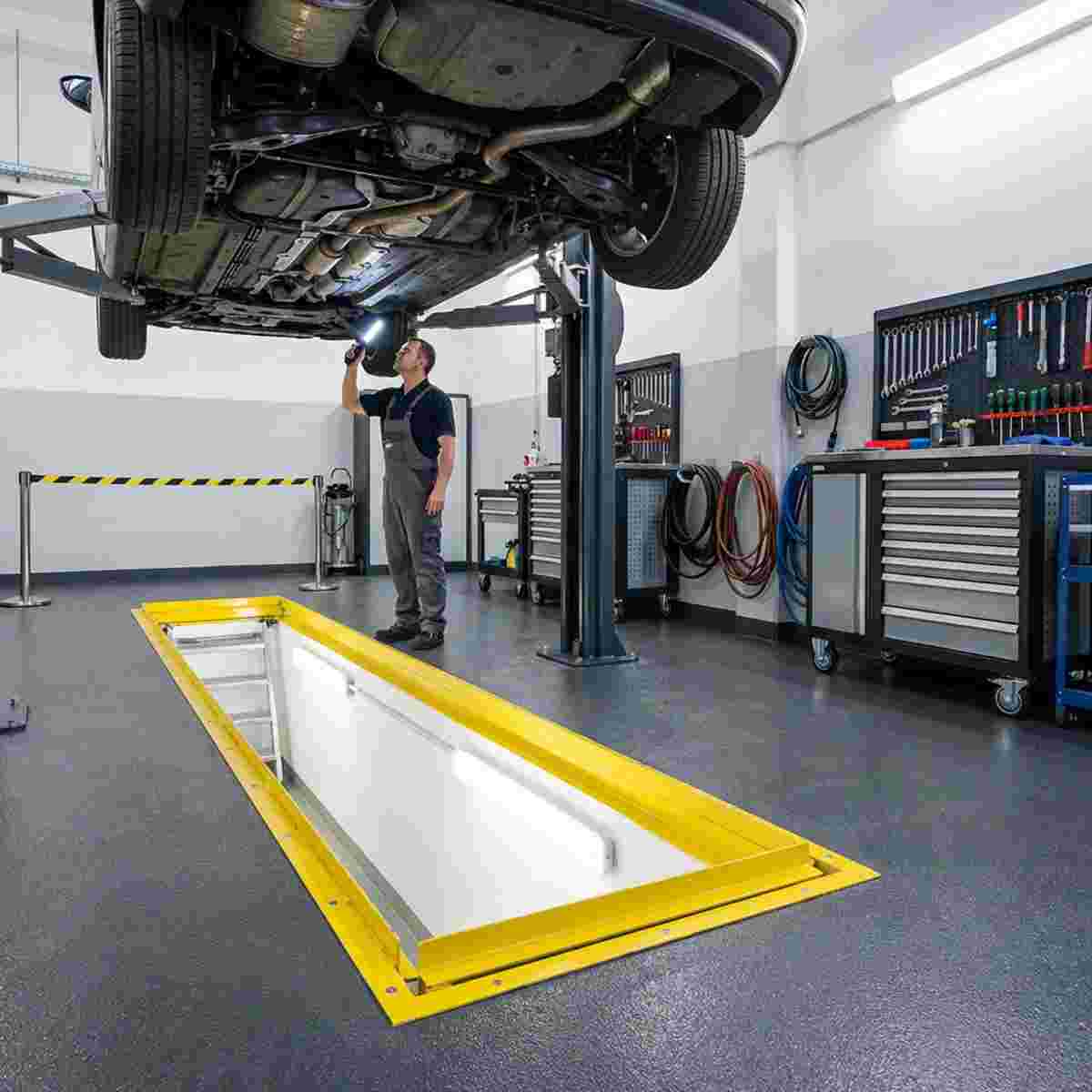 Saubere, gut beleuchtete Werkstatt mit Grube, Unterseite des Autos sichtbar, ordentliches Werkzeug.