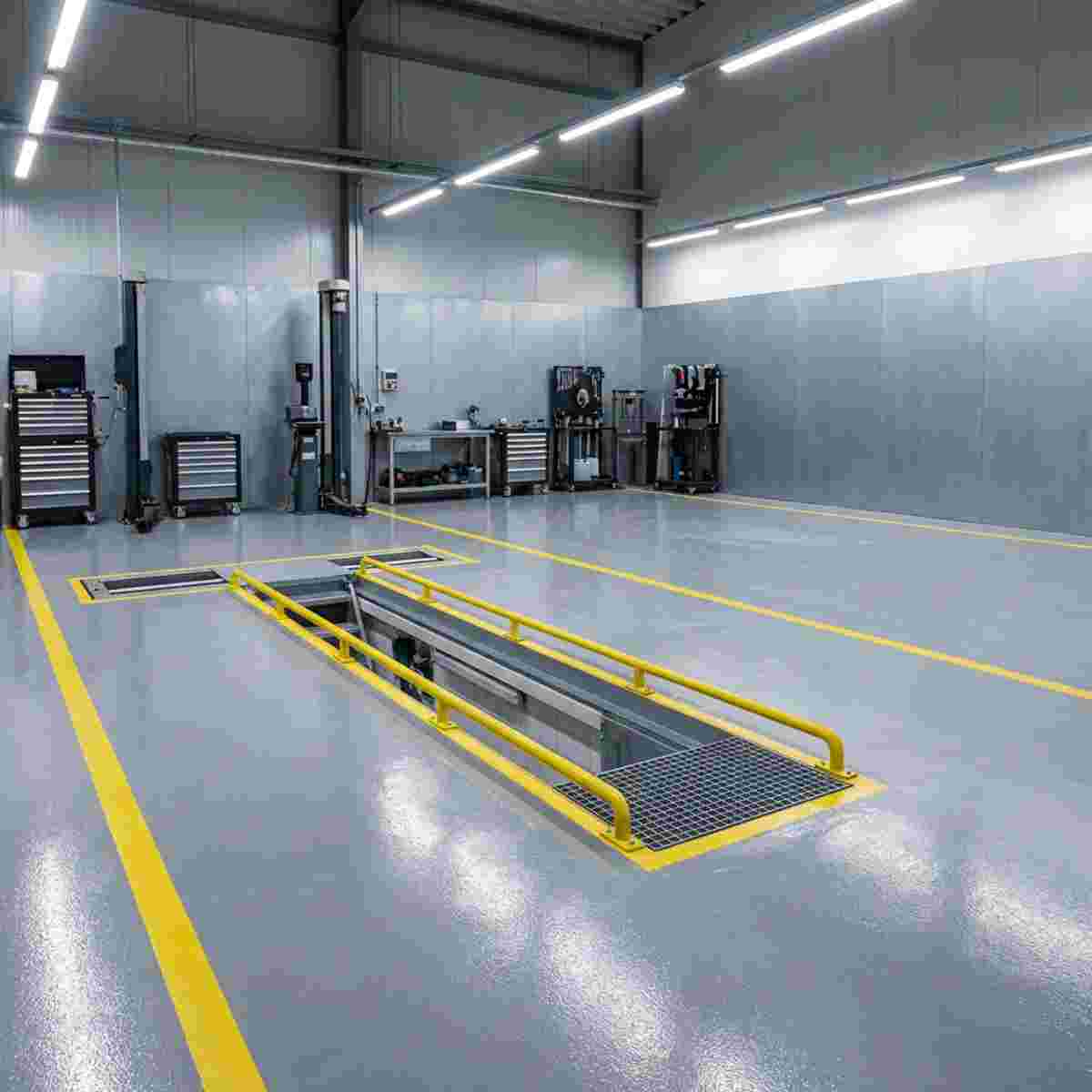 Moderne Autowerkstatt mit Inspektionsgrube im Betonboden, sichere Abdeckung, klare Fahrwege