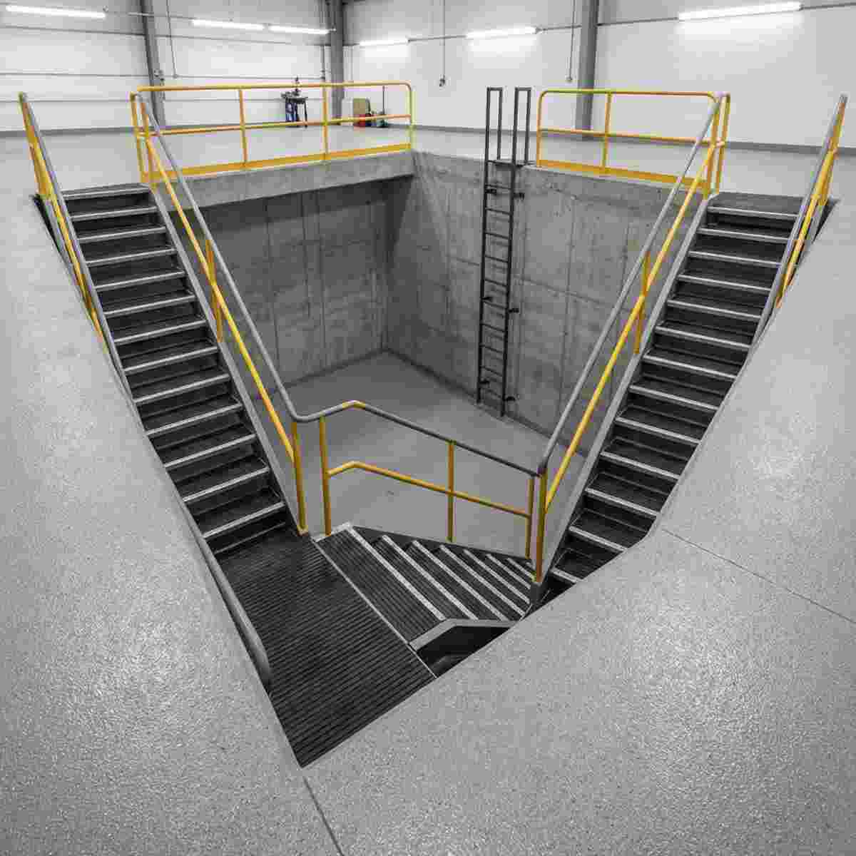 Fotorealistische Industrie-Werkstatt mit Inspektionsgrube und zwei rutschfesten Treppen mit Geländern