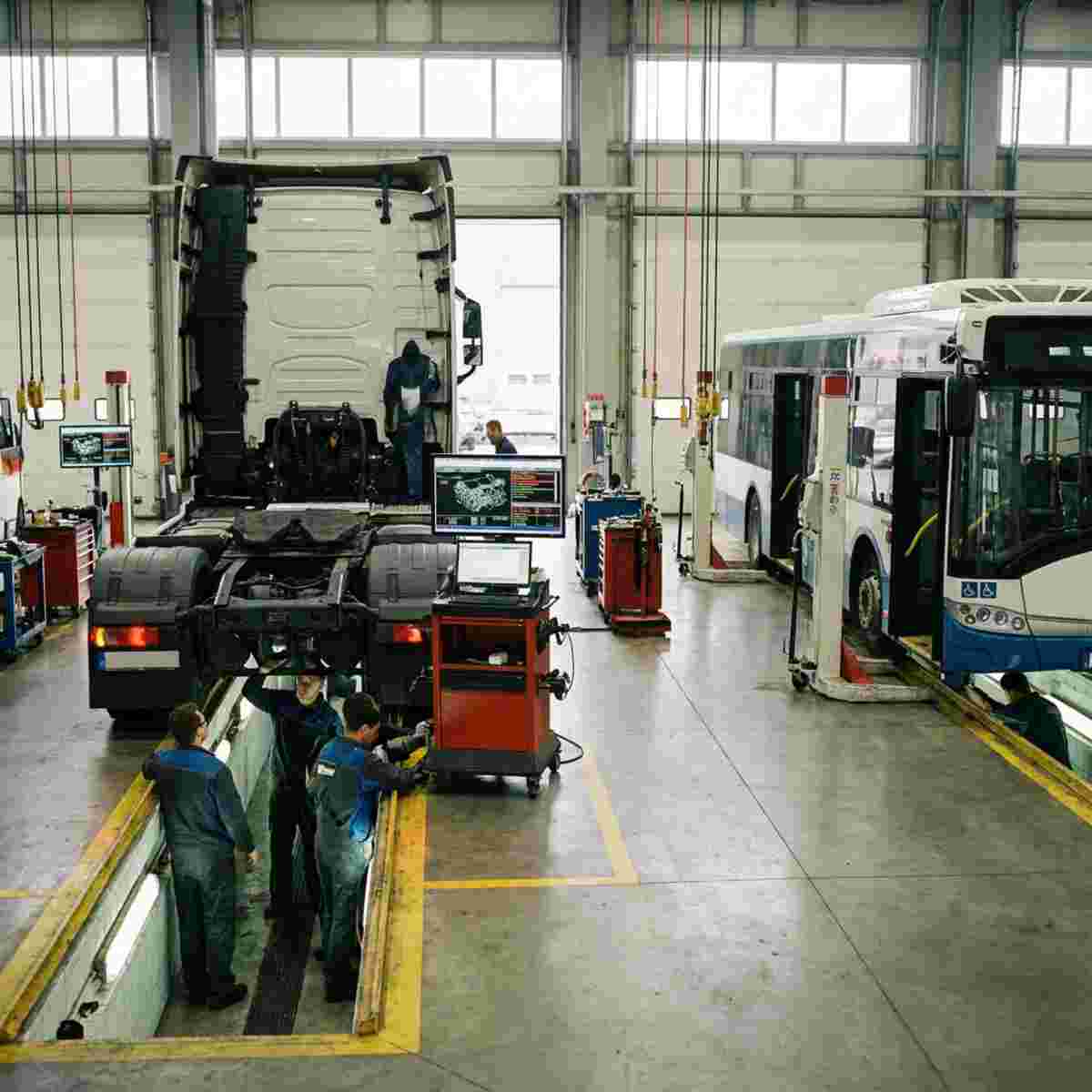 Nutzfahrzeug- und Buswerkstatt mit mehreren Mechanikern an Diagnosearbeitsplätzen