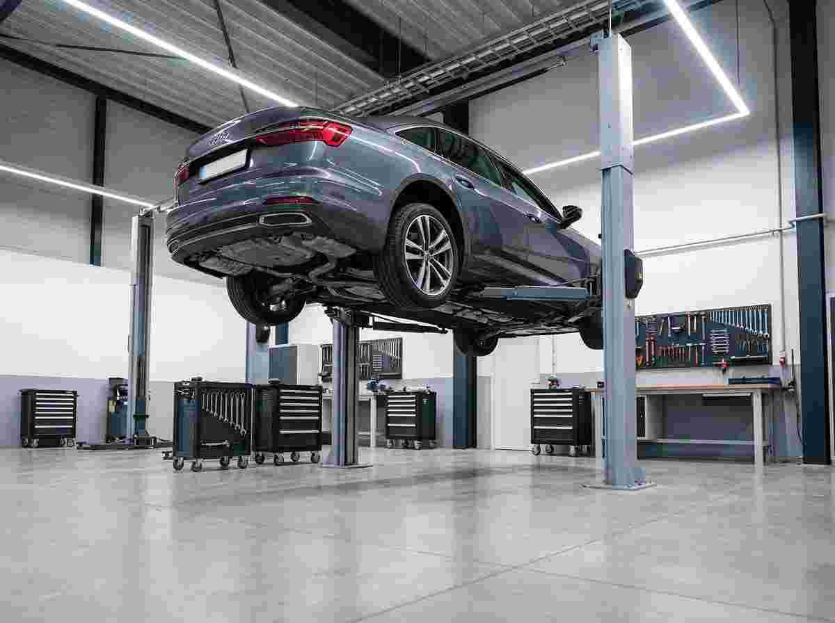 Fotorealistisches Auto auf Hydraulikhebebühne in moderner Werkstatt, Unterseite sichtbar.