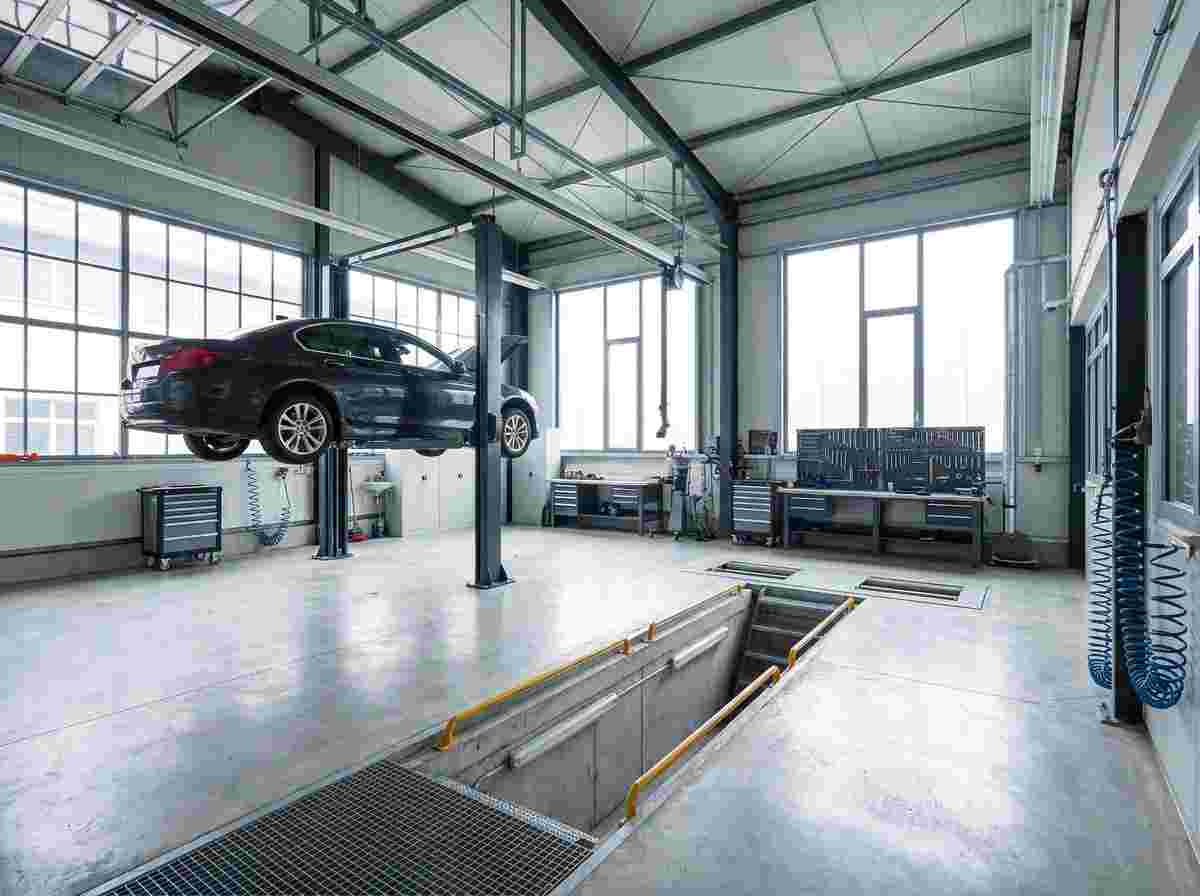 Realistischer Innenraum einer modernen Autowerkstatt mit Auto auf Hebebühne, Grube und Deckenhöhe