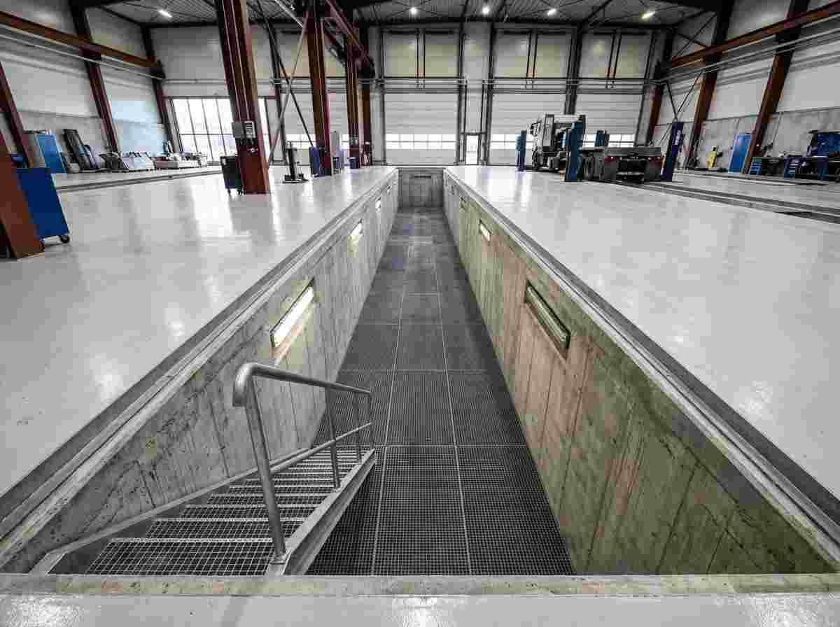 Leere rechteckige Werkstattgrube mit Treppe in einer Betonhalle