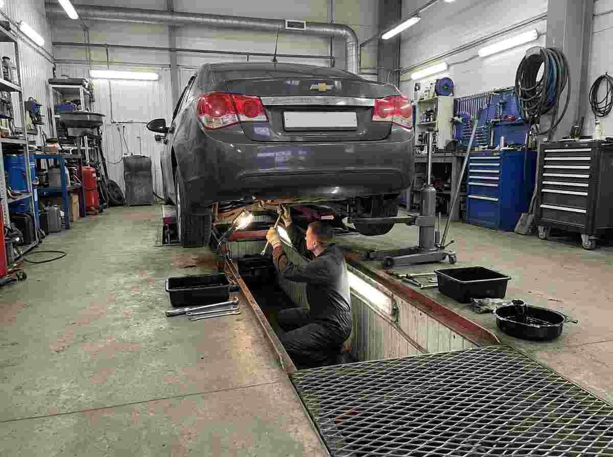 Autowerkstatt: Auto über Wartungsgrube, Hebevorrichtung hebt Achse für Bremsarbeiten.
