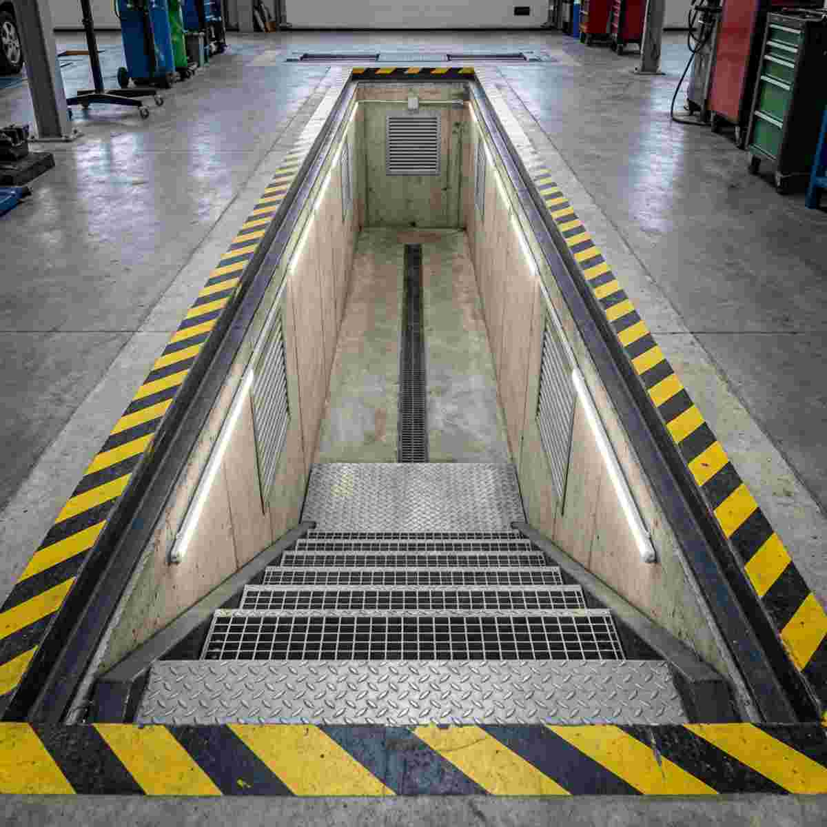Quadratische Werkstatt-Inspektionsgrube mit rutschfesten Flächen, Beleuchtung, Belüftung und Drainage.