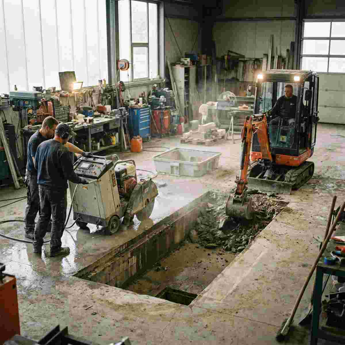 Bauarbeiter schneiden eine rechteckige Öffnung in einen Werkstattboden für eine Grube.